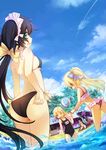  ass ball beach bikini bikini_skirt black_hair blonde_hair blue_hair blush bow cloud day green_eyes hair_bow kneeling long_hair looking_back maid_headdress multiple_girls ocean one-piece_swimsuit open_mouth original outdoors parasol ponytail shiny shiny_skin side-tie_bikini sitting sky smile spirtie swimsuit tree umbrella very_long_hair wading water 