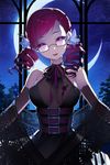  bare_shoulders belt blood breasts choker dress drill_hair elbow_gloves flower gloves head_tilt looking_at_viewer lowres medium_breasts moon night night_sky open_mouth pink_eyes red_hair ribbon salt_(salty) silhouette sky solo sword_girls twin_drills twintails vampire vernika_answer 