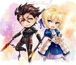  1girl :o ahoge armor artoria_pendragon_(all) black_hair blonde_hair chibi excalibur fate/zero fate_(series) gae_buidhe gae_dearg glowing glowing_weapon green_eyes kome_(kokomoti) lancer_(fate/zero) mole mole_under_eye polearm saber spear sword weapon yellow_eyes 