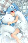  artist_request bloomers blue_hair blush child doll dress frills hair_ornament lowres luthica_preventer lying open_mouth pillow plaid red_eyes ribbon snowing solo stuffed_animal stuffed_toy sword_girls teddy_bear twintails underwear younger 
