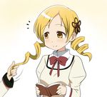  blonde_hair book breasts drill_hair hair_ornament hair_pull ikari_manatsu mahou_shoujo_madoka_magica multiple_girls school_uniform small_breasts smile tomoe_mami yellow_eyes 