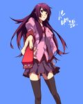  bad_id bad_pixiv_id bakemonogatari blue_eyes foreshortening long_hair monogatari_(series) numa0228 purple_hair school_uniform senjougahara_hitagi solo stapler thighhighs 