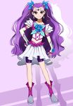  earrings flower gyuniku hand_on_hip highres jewelry long_hair magical_girl milk_(yes!_precure_5) milky_rose mimino_kurumi navel precure purple purple_background purple_hair purple_shorts red_eyes rose shorts shorts_under_skirt skirt smile solo two_side_up yes!_precure_5 yes!_precure_5_gogo! 