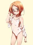  blush cameltoe covered_nipples embarrassed eyelashes flat_chest glasses hand_in_hair looking_at_viewer navel niko_(tama) one-piece_swimsuit orange_eyes orange_hair precure red-framed_eyewear school_swimsuit see-through shirabe_ako short_hair simple_background solo suite_precure swimsuit towel wet white_background white_school_swimsuit white_swimsuit 