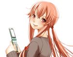  778-go bad_id bad_pixiv_id brown_eyes brown_hair cellphone face gasai_yuno long_hair mirai_nikki phone simple_background smile solo upper_body 