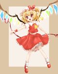  ascot bad_id bad_pixiv_id blonde_hair fang flandre_scarlet hat laevatein open_mouth red_eyes shoes short_hair side_ponytail skirt smile socks solo touhou wings yupachi 