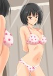  amagami arm_behind_back black_hair blush bob_cut bra breasts brown_eyes cleavage lingerie md5_mismatch medium_breasts mirror murasaki_iro nanasaki_ai panties patterned short_hair solo underwear underwear_only 