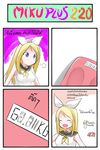  1girl 4koma blonde_hair blue_eyes blush_stickers catstudioinc_(punepuni) chibi comic hair_ribbon highres kagamine_len kagamine_rin mother_and_son open_mouth ponytail ribbon shirt siblings sleeveless sleeveless_shirt smile thai translated twins vocaloid weighing_scale 