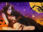  1girl animal_ears araragi_koyomi bakemonogatari black_hair braid cape cat_ears glasses halloween hanekawa_tsubasa jack-o'-lantern long_hair monogatari_(series) moon nekomonogatari pumpkin purple_eyes shima_riu short_hair vampire 