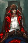  brown_hair hands_in_pockets jeffr jewelry male_focus original pendant red_eyes solo trench_coat zipper 