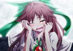  blush bow brown_hair commentary_request crying crying_with_eyes_open fang long_hair maruyama_kurehiro one_eye_closed open_mouth red_eyes reiuji_utsuho solo tears third_eye touhou wings 