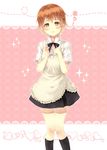  apron black_legwear blush brown_eyes brown_hair hair_ornament hairclip hands_on_own_chest inami_mahiru kouji_(campus_life) looking_at_viewer short_hair socks solo sparkle waitress working!! 