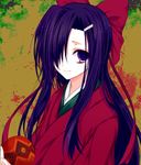  bad_id bad_pixiv_id ball bow hair_bow hair_ornament hair_over_one_eye hairclip japanese_clothes kasugano_tsubaki kimono long_hair mirai_nikki purple_eyes purple_hair ribbon sad_smile solo temari_ball 