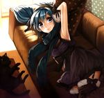  aqua_hair armpits bad_id bad_pixiv_id blue_eyes cat from_above garter_straps hatsune_miku headphones long_hair lying minami_haruya on_side scarf smile solo thighhighs twintails vocaloid zettai_ryouiki 