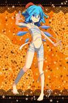  &gt;:) arm_ribbon bandaged_fingers bandages barefoot blue_eyes blue_hair bow cato_(monocatienus) cirno costume flat_chest full_body groin hair_bow halloween highres ice ice_wings leg_ribbon midriff mummy naked_bandage navel pigeon-toed ribbon smile smirk solo standing standing_on_one_leg star touhou v-shaped_eyebrows wings 