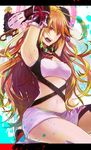  :o armpits arms_up bad_id bad_pixiv_id blonde_hair choker gloves highres long_hair midriff milla_maxwell navel open_mouth red_eyes shirt skirt solo strapless sumi_(38page) sword tales_of_(series) tales_of_xillia taut_clothes taut_shirt tubetop weapon 
