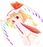  blonde_hair blush bow bow_panties child covering covering_mouth dress dress_lift embarrassed flandre_scarlet hat hat_ribbon highres lace lace-trimmed_panties navel panties red_dress red_eyes ribbon side_ponytail solo thighhighs touhou underwear white_legwear white_panties wings zefa_(neoaltemice) 