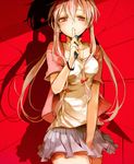  alternate_costume ayatoki-1 blush bow breasts cellphone cellphone_strap different_shadow finger_to_mouth gasai_yuno hair_bow holding jewelry long_hair medium_breasts mirai_nikki necklace ominous_shadow phone pink_eyes pink_hair red_eyes shadow shirt silhouette skirt solo twintails 