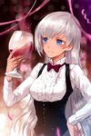  alcohol artist_request blue_eyes blush bow bowtie breasts confetti cup dress_shirt drinking_glass hand_on_hip long_hair lowres medium_breasts shirt sigma_(sword_girls) solo sword_girls tan vest white_hair wine 