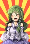  breasts closed_eyes commentary_request detached_sleeves face frog green_eyes hair_ornament hair_tubes harusame_(unmei_no_ikasumi) kochiya_sanae laughing long_hair macedonian_flag medium_breasts open_mouth skirt snake solo sunburst touhou 