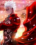  archer cloud crossed_arms dark_skin dark_skinned_male fate/stay_night fate_(series) field_of_blades grey_eyes male_focus nagare planted_weapon sky solo sunset weapon white_hair 