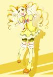  blonde_hair cure_lemonade drill_hair earrings eyelashes gyuniku highres jewelry kasugano_urara_(yes!_precure_5) long_hair magical_girl open_mouth precure shadow shorts shorts_under_skirt skirt smile solo thighhighs twintails v yellow yellow_background yellow_legwear yellow_skirt yes!_precure_5 