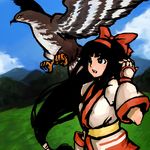  1girl animal black_eyes black_hair bow gloves hair_bow hair_ribbon highres long_hair mamahaha miko nakoruru nature ribbon samurai_spirits snk 