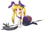  all_fours axe bardiche blonde_hair bunnysuit collar fate_testarossa kuri_youkan long_hair lyrical_nanoha mahou_shoujo_lyrical_nanoha mahou_shoujo_lyrical_nanoha_the_movie_1st pantyhose red_eyes solo thighhighs twintails weapon wrist_cuffs 