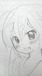  blurry blush graphite_(medium) hair_bobbles hair_ornament kodomo_no_jikan kokonoe_rin monochrome open_mouth photo smile solo traditional_media 