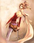  back bad_id bad_pixiv_id bare_shoulders blonde_hair brown_eyes cape dissidia_012_final_fantasy dissidia_final_fantasy final_fantasy final_fantasy_vi hair_ribbon looking_back pantyhose ponytail purple_legwear ribbon seto_(sepcloud) short_hair skirt smile solo sword tina_branford weapon 