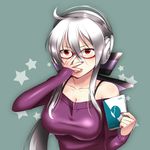  adjusting_eyewear bespectacled book bow bra_strap breasts caffein glasses hair_bow headphones large_breasts lips long_hair nail_polish ponytail red-framed_eyewear red_eyes smirk solo sweater upper_body vocaloid voyakiloid white_hair yowane_haku 