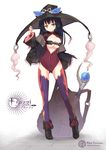  bag beltbra black_hair boots breasts green_eyes hat highres homura_subaru jacket medium_breasts pixiv_fantasia pixiv_fantasia_wizard_and_knight smile solo staff thighhighs witch_hat 