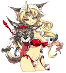  alabaster_(artist) animal_ears bikini blonde_hair blue_eyes breasts chain cleavage cropped_legs fenrir_knight gloves grin highres horn large_breasts long_hair low-tied_long_hair navel riesz seiken_densetsu seiken_densetsu_3 side-tie_bikini smile solo swimsuit tail white_background wolf wolf_ears 