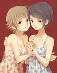  778-go bad_id bad_pixiv_id black_eyes black_hair brown_hair floral_print holding_hands interlocked_fingers lips multiple_girls original see-through short_hair 