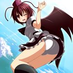  black_wings blush brown_eyes brown_hair hat highres liya looking_at_viewer one_eye_closed open_mouth panties pantyshot pantyshot_(standing) shameimaru_aya smile solo standing tokin_hat touhou underwear white_panties wings 