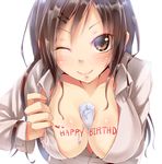  bad_id bad_pixiv_id between_breasts blush breasts brown_eyes brown_hair candle cleavage dabadhi hair_ornament hairclip happy_birthday highres large_breasts leaning_forward long_hair looking_at_viewer mole mole_under_eye one_eye_closed open_clothes open_shirt original shirt simple_background smile solo upper_body 