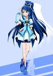  blue blue_background blue_eyes blue_hair blue_shorts butterfly_hair_ornament cure_aqua gyuniku hair_ornament highres long_hair magical_girl minazuki_karen ponytail precure shorts shorts_under_skirt skirt solo wide_ponytail yes!_precure_5 