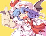  bat_wings blue_hair blush_stickers bow closed_eyes fangs fuyuwa_kotatsu hat hat_bow highres open_mouth remilia_scarlet smile solo thumbs_up touhou wings 