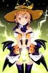  artist_request bare_shoulders blonde_hair breasts cleavage corset demon_wings dress electricity fingerless_gloves flower gloves hat jack-o'-lantern lowres open_mouth parfunte pumpkin skirt small_breasts solo sword_girls thighhighs wings witch witch_hat yellow_eyes 