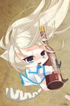  alcohol animal_ears aqua_eyes artist_request blush cat_ears cat_tail chibi coat long_hair lowres no_pants open_mouth sigma_(sword_girls) solo sword_girls tail white_hair 