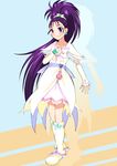  boots cure_egret earrings futari_wa_precure_splash_star gyuniku heart highres jewelry knee_boots long_hair magical_girl mishou_mai ponytail precure purple_hair smile solo white_footwear 