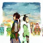  armor back-to-back bad_id bad_pixiv_id black_hair brown_hair coat fur_trim jiang_wei liu_bei liu_shan long_hair looking_back male_focus mian_guan multiple_boys ponytail shin_sangoku_musou sima_zhao xiahou_ba xing_cai ydkw zhong_hui 