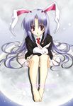  :o animal animal_ears ayase_hazuki barefoot blazer blush brooch bunny bunny_ears full_moon holding jacket jewelry lavender_hair long_hair moon necktie red_eyes red_neckwear reisen_udongein_inaba sitting skirt solo touhou 