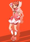  cure_rouge flower gyuniku hair_flower hair_ornament highres magical_girl natsuki_rin precure red red_background red_eyes red_hair red_shorts short_hair shorts shorts_under_skirt smile solo spiked_hair yes!_precure_5 yes!_precure_5_gogo! 