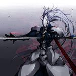  armor blazblue crest hakumen highres long_hair male_focus silver_hair solo sword vane very_long_hair weapon 