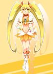  blonde_hair boots bow choker cure_sunshine earrings gyuniku hand_on_hip heartcatch_precure! highres jewelry knee_boots long_hair magical_girl midriff myoudouin_itsuki navel orange_bow orange_choker precure skirt smile solo twintails yellow yellow_background yellow_bow yellow_eyes 