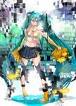  ahoge aqua_hair bad_id bad_pixiv_id detached_sleeves elbow_gloves fingerless_gloves gloves hatsune_miku high_heels highres hoshima long_hair midriff navel necktie pigeon-toed pom_poms shoes skirt smile solo thighhighs twintails very_long_hair vocaloid 