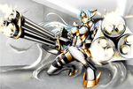  android bare_shoulders blue_hair breasts casing_ejection cleavage cleavage_cutout dual_wielding firing gatling_gun gun holding kos-mos kos-mos_ver._4 long_hair medium_breasts motion_blur muzzle_flash one_knee red_eyes shell_casing solo tect thighhighs underboob weapon white_legwear xenosaga xenosaga_episode_iii 