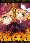  blonde_hair fang green_eyes halloween hatsune_miku hook jack-o&#039;-lantern jack-o'-lantern kagamine_len kagamine_rin long_hair short_hair silhouette smile tunakan very_long_hair vocaloid 