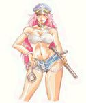  bare_legs blue_shorts breasts chain choker crop_top cuffs denim denim_shorts final_fight hair_over_one_eye handcuffs hat large_breasts lipstick makeup midriff navel non-web_source off_shoulder peaked_cap pink_hair poison_(final_fight) short_shorts shorts solo truncheon 